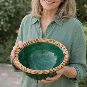Glazed Forest Green Ceramic Bowl with Woven Wicker Rim with Maker’s Mark